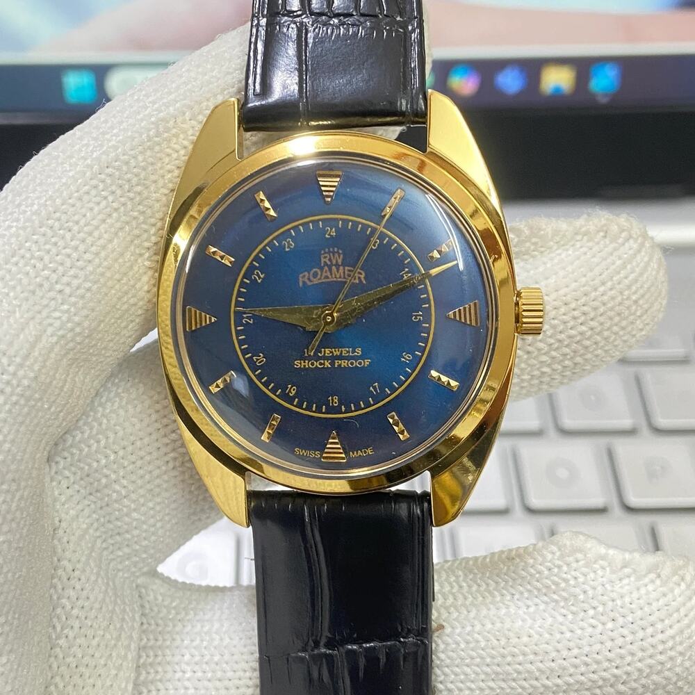 Vintage 1983 Roamer Manual Mens Gold Watch W/Leather Strap & Blue accents
